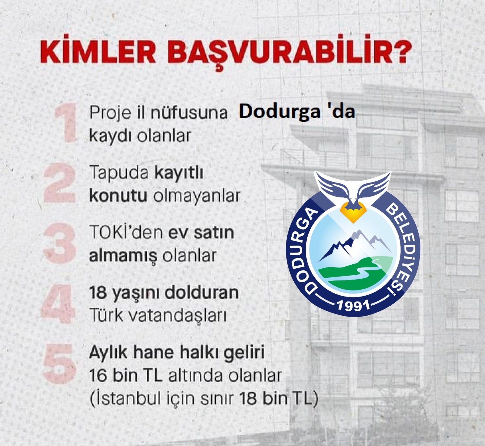 Değerli hemşerilerimiz, Beldemiz adına TOKİ başvuruları başlamış bulunmaktadır. Başvuruda birinci &ouml;ncelik  n&uuml;fusa kayıtlı olunan yerin &Ccedil;ankırı olması ve n&uuml;fus kaydının Dodurga Beldesinde bulunması gerekmektedir. Bu aşamada  n&uuml;fusunuzun Beldede uygun olan bir adrese alınması, adresle ilgili bir sıkıntıda Belediyemizle irtibata ge&ccedil;ilmesi gerekmektedir. 